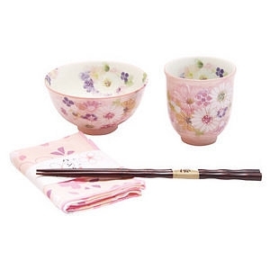 花づくし 飯碗湯呑セット ピンク 名入れ可能