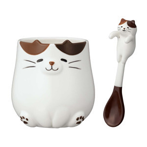 Nekochill おすわりねこマグ & しっぽねこスプーン みけ 名入れ可能