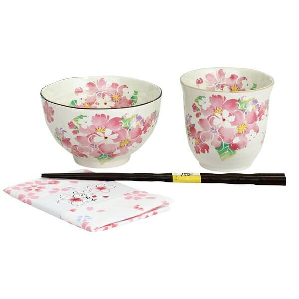華あそび 飯碗湯呑セット (ハンカチ付)